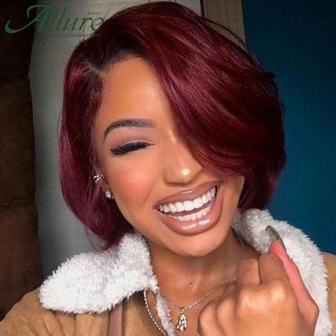 Ombre Burgundy Short Bob Wig With Bangs Human Hair Wigs For Black Women Cheap Side Part Bob Wigs Colored Brazilian Hair Allure