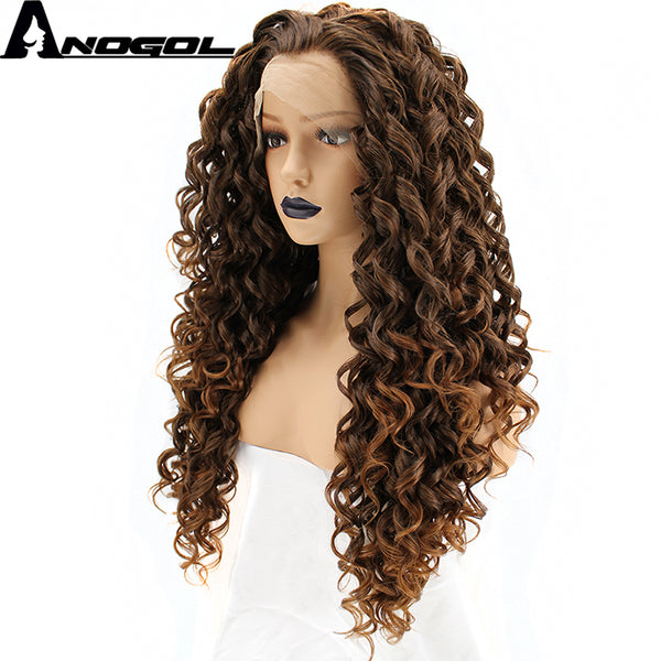 Anogol High Temperature Fiber Free Part Long Kinky Curly Brown Blonde Lace Front Wig