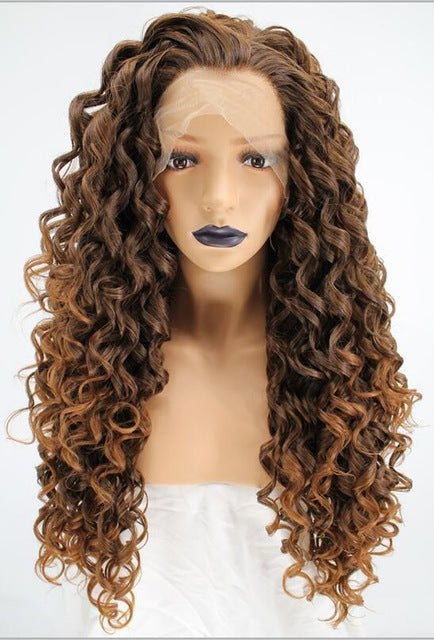Anogol High Temperature Fiber Free Part Long Kinky Curly Brown Blonde Lace Front Wig