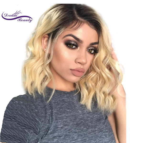 Dream Beauty Short Wavy Brazilian remy Human Hair Lace Front Wig Ombre blond Pre Plucked Baby Hair