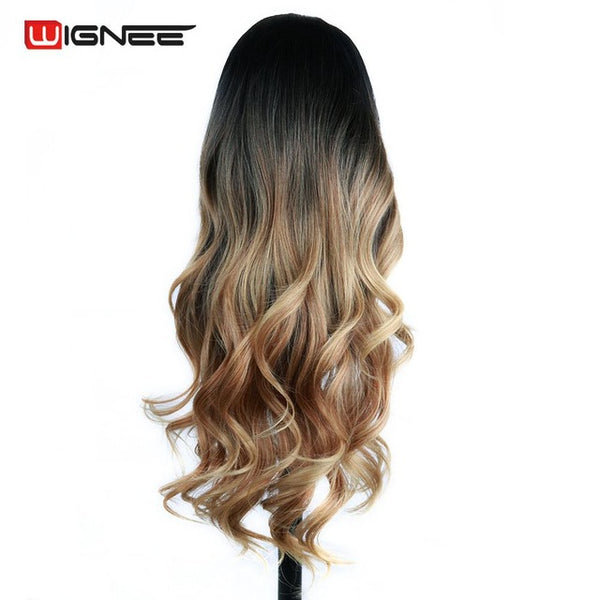 Wignee Synthetic Wigs With Bangs For Women Long Hair High Density Temperature 3 Tone Ombre Brown