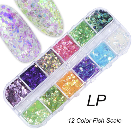 Full Beauty 12 Grids/Sets Nail Glitter Sequin Mixed