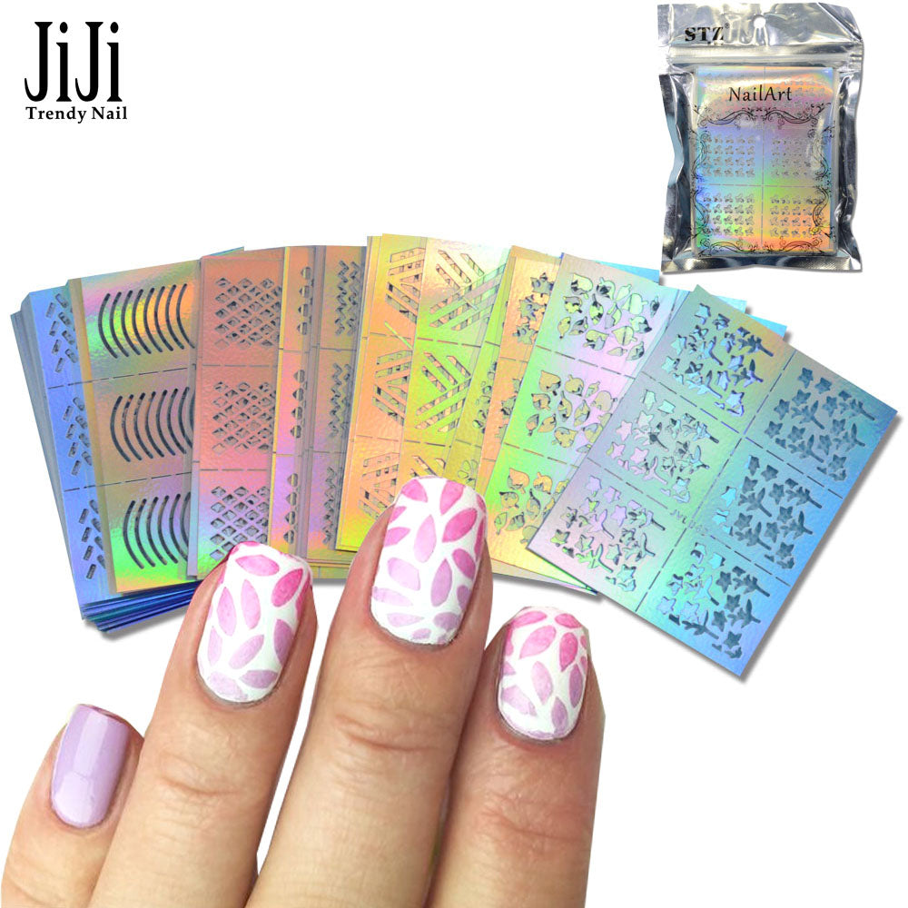 63PCS/Sets New Fashion Nail Vinyls Stamp Stencils DIY Creative Laser Silver Sticker Nail Art