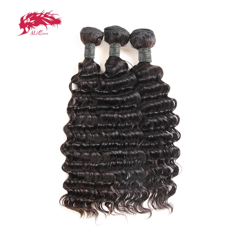 Ali Queen Hair Products 3Pcs Deep Wave Peruvian Hair Weave Bundles Remy Hair Weaving Human Hair Extension Natural Color #1B